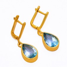 Pear Shape Blue Topaz Gemstone 925 Sterling Silver Gold Plated Clip-On Earrings