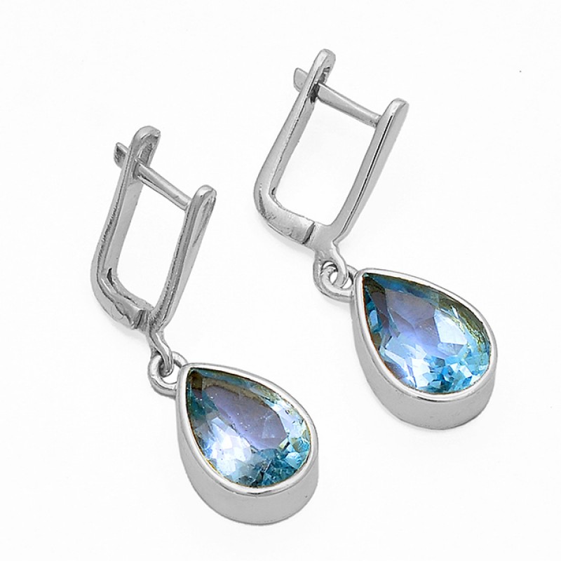 Pear Shape Blue Topaz Gemstone 925 Sterling Silver Gold Plated Clip-On Earrings
