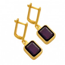 Rectangle Shape Garnet Gemstone 925 Sterling Silver Gold Plated Clip-On Earrings