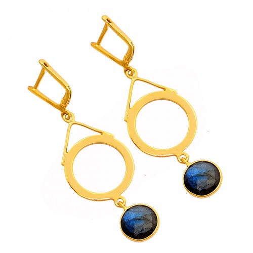 Labradorite Round Shape Gemstone 925 Sterling Silver Gold Plated Clip-On Earrings