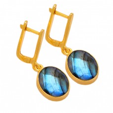 Oval Shape Labradorite Gemstone 925 Sterling Silver Gold Plated Clip-On Earrings