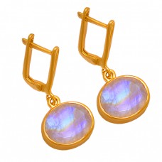 Oval Shape Moonstone 925 Sterling Silver Gold Plated Dangle Clip-On Earrings