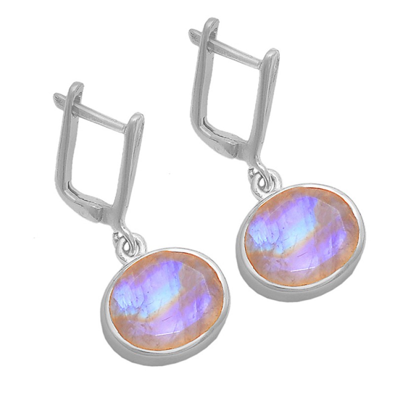 Oval Shape Moonstone 925 Sterling Silver Gold Plated Dangle Clip-On Earrings