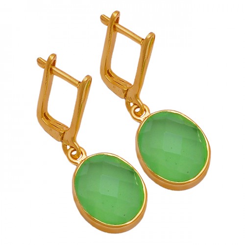 Oval Shape Chalcedony Gemstone 925 Sterling Silver Gold Plated Clip-On Earrings