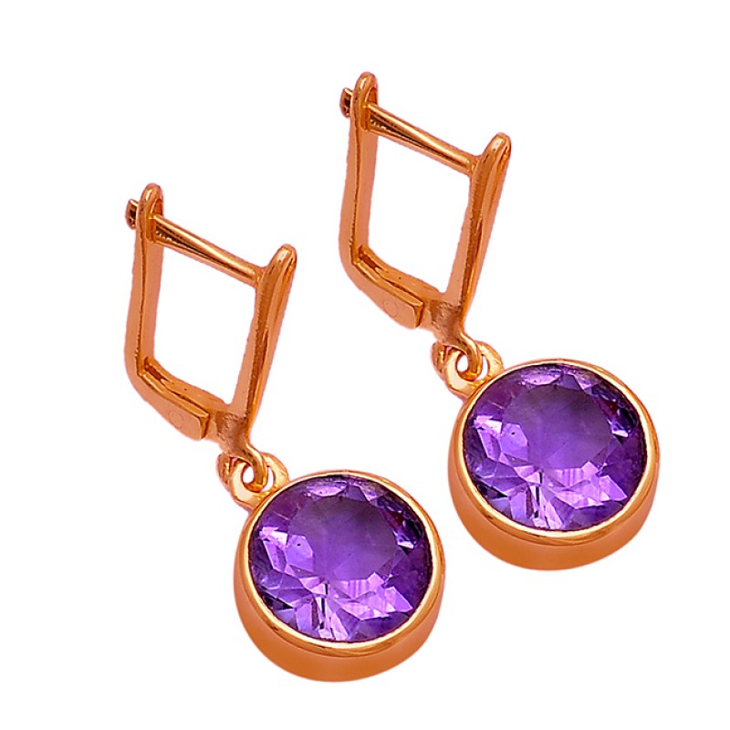 Round Shape Amethyst Gemstone 925 Sterling Silver Gold Plated Clip-On Earrings
