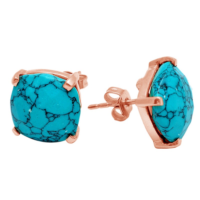Cushion Briolette Turquoise Gemstone 925 Sterling Silver Gold Plated Stud Earrings 