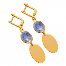 925 Sterling Silver Oval Shape Moonstone Gold Plated Clip-On Dangle Earrings