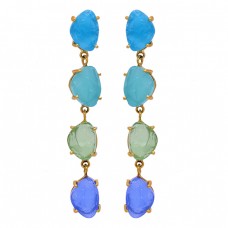 Prong Setting Chalcedony Rough Gemstone 925 Sterling Silver Gold Plated Earrings