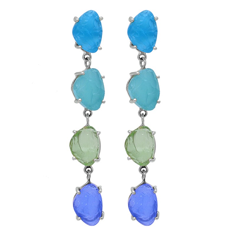 Prong Setting Chalcedony Rough Gemstone 925 Sterling Silver Gold Plated Earrings
