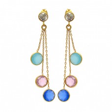 925 Sterling Silver Round Shape Gemstone Gold Plated Bezel Setting Earrings