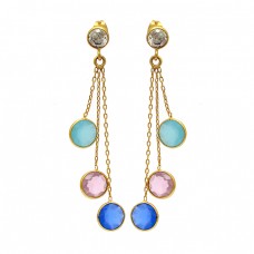 925 Sterling Silver Round Shape Gemstone Gold Plated Bezel Setting Earrings