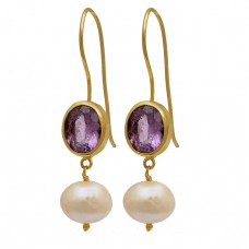 925 Sterling Silver Amethyst Pearl Gemstone Gold Plated Fixed Ear Wire Earrings