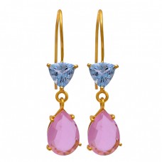 Blue Topaz Pink Quartz Gemstone 925 Sterling Silver Gold Plated Dangle Earrings