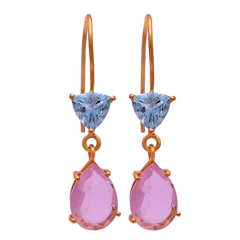 Blue Topaz Pink Quartz Gemstone 925 Sterling Silver Gold Plated Dangle Earrings