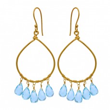 Pear Drops Shape Blue Topaz Gemstone 925 Sterling Silver Gold Plated Earrings