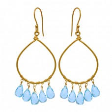 Pear Drops Shape Blue Topaz Gemstone 925 Sterling Silver Gold Plated Earrings