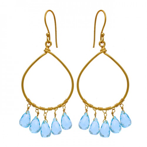 Pear Drops Shape Blue Topaz Gemstone 925 Sterling Silver Gold Plated Earrings