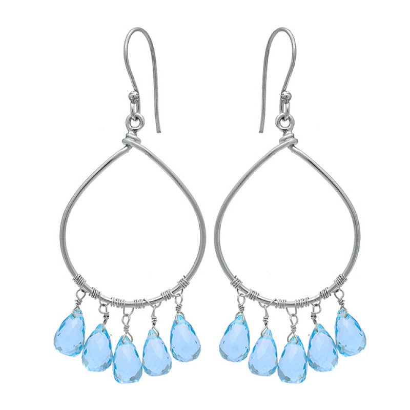 Pear Drops Shape Blue Topaz Gemstone 925 Sterling Silver Gold Plated Earrings