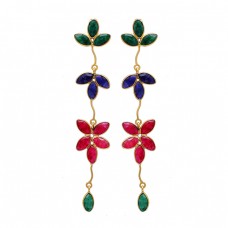 Emerald Ruby Sapphire Gemstone 925 Sterling Silver Gold Plated Dangle Earrings