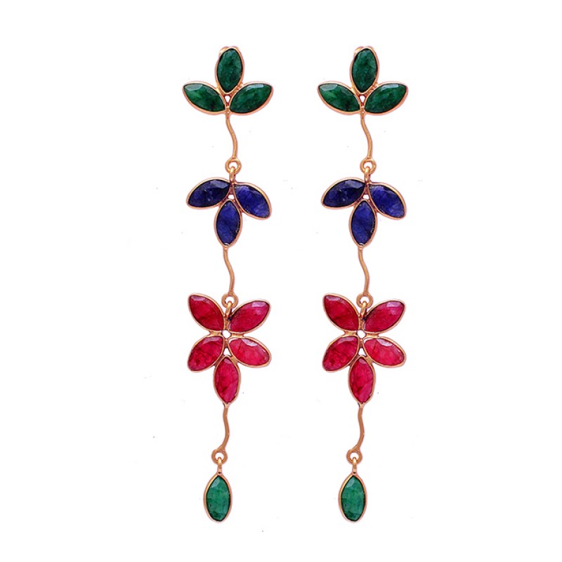Emerald Ruby Sapphire Gemstone 925 Sterling Silver Gold Plated Dangle Earrings