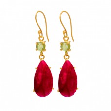 Peridot Ruby Gemstone 925 Sterling Silver Gold Plated Dangle Earrings