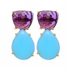 Amethyst Aqua Chalcedony Gemstone 925 Sterling Silver Gold Plated Stud Earrings