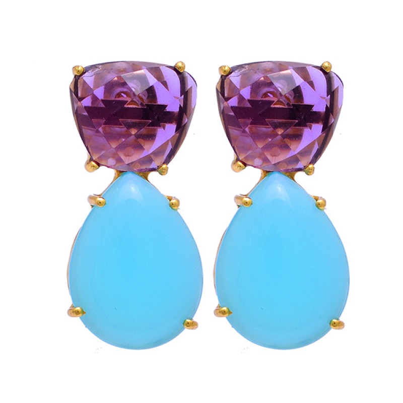 925 Silver Plated AQUA CHALCEDONY & Other Color Stone Variety Square Earrings 