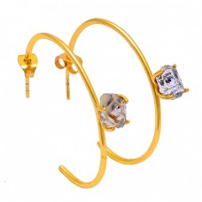 925 Sterling Silver Herkimer Diamond Gemstone Gold Plated Hoop Earrings