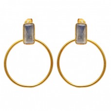 925 Sterling Silver Labradorite Rectangle Shape Gemstone Gold Plated Earrings