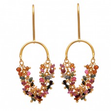 925 Sterling Silver Multi Tourmaline Roundel Beads Gemstone Gold Plated Earrings