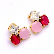 Ruby Chalcedony Cz Gemstone 925 Sterling Silver Gold Plated Stud Earrings