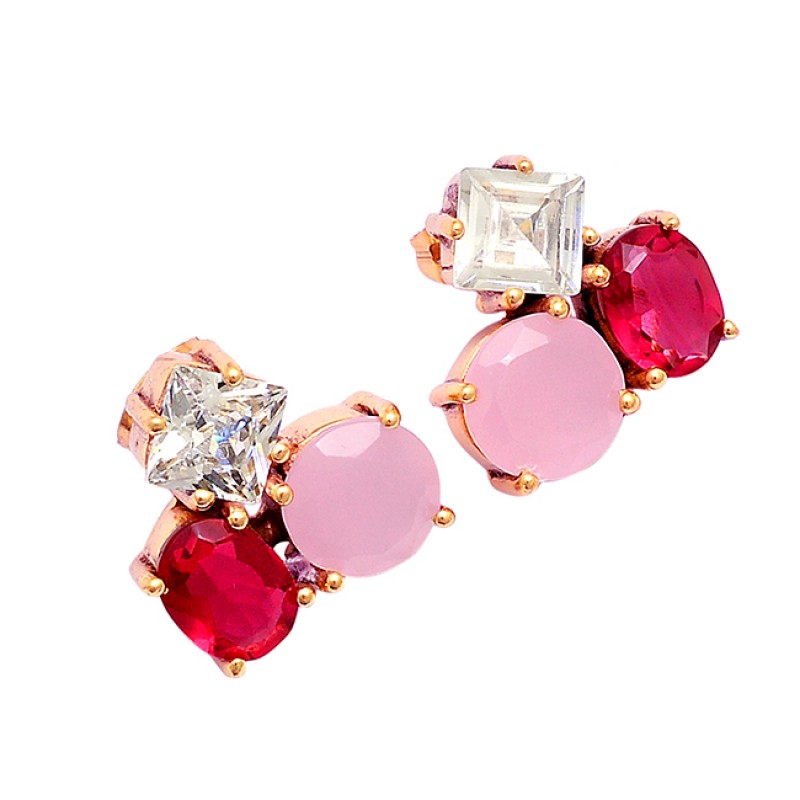 Ruby Chalcedony Cz Gemstone 925 Sterling Silver Gold Plated Stud Earrings