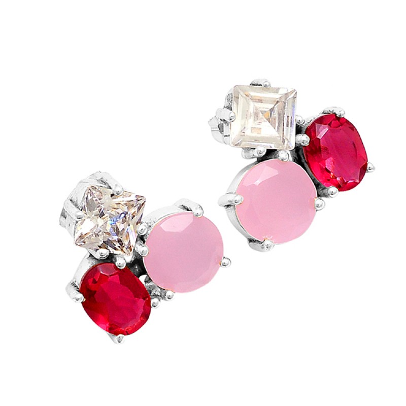 Ruby Chalcedony Cz Gemstone 925 Sterling Silver Gold Plated Stud Earrings