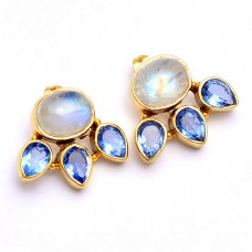 925 Sterling Silver Moonstone Tanzanite Gemstone Gold Plated Stud Earrings