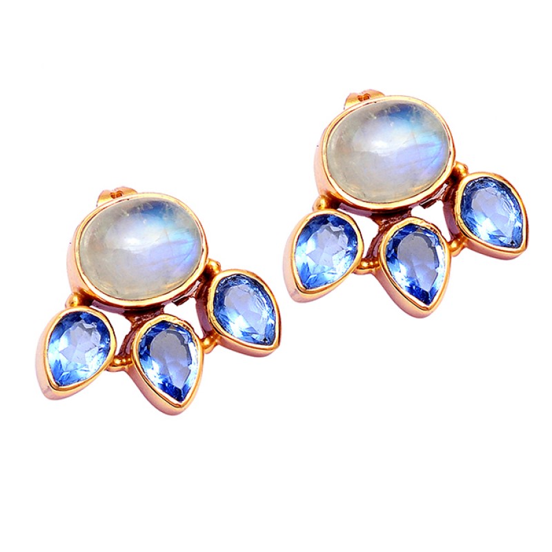 925 Sterling Silver Moonstone Tanzanite Gemstone Gold Plated Stud Earrings