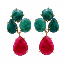 Emerald Ruby Gemstoe 925 Sterling Silver Gold Plated Stud Dangle Earrings