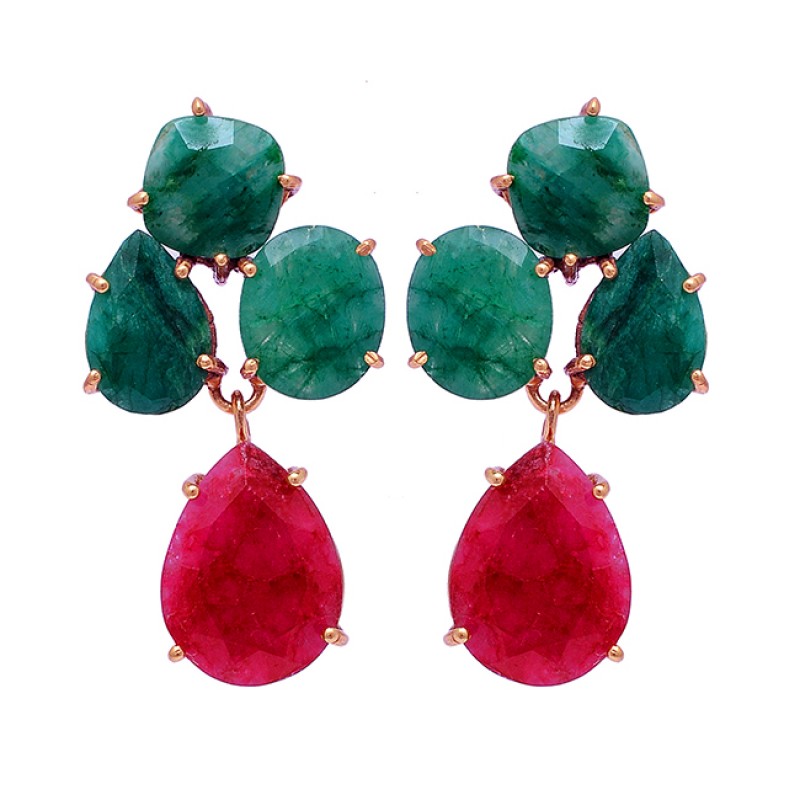 Emerald Ruby Gemstoe 925 Sterling Silver Gold Plated Stud Dangle Earrings