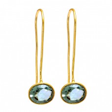 Blue Topaz Oval Shape Gemstone 925 Sterling Silver Gold Plated Earrings