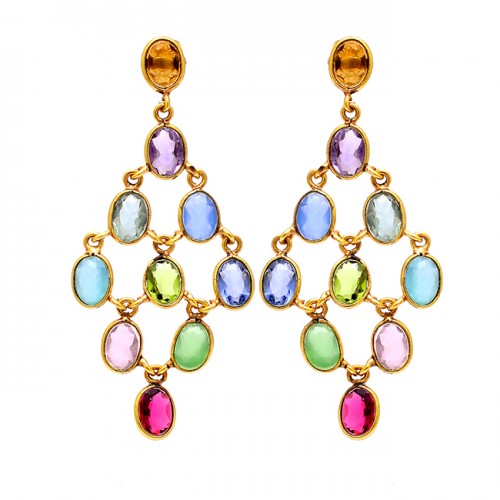 925 Sterling Silver Oval Shape Multi Color Gemstone Gold Plated Stud Earrings