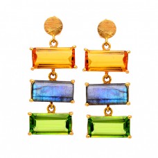 Rectangle Shape Citrine Labradorite Peridot Gemstone Gold Plated Stud Earrings