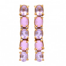 Oval Shape Amethyst Rose Chalcedony Gemstone 925 Silver Gold Plated Earrings