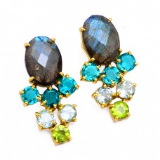 925 Sterling Silver Prong Setting Multi Color Gemstone Gold Plated Earrings