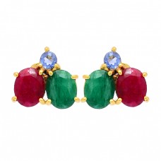 Tanzanite Emerald Ruby Gemstone 925 Sterling Silver Gold Plated Earrings
