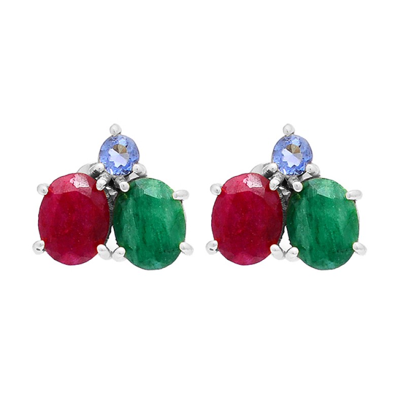 Tanzanite Emerald Ruby Gemstone 925 Sterling Silver Gold Plated Earrings