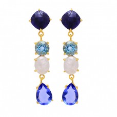 Sapphire Topaz Moonstone Tanzanite Gemstone 925 Silver Gold Plated Earrings