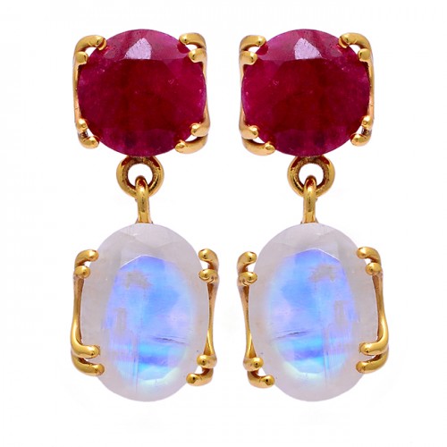 Ruby Rainbow Moonstone 925 Sterling Silver Gold Plated Stud Dangle Earrings