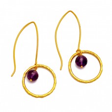 Roundel Balls Amethyst Gemstone Gold Plated Hoop Dangle Silver Earrings