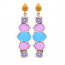 925 Sterling Silver Cubic Zirconia Chalcedony Gemstone Gold Plated Earrings