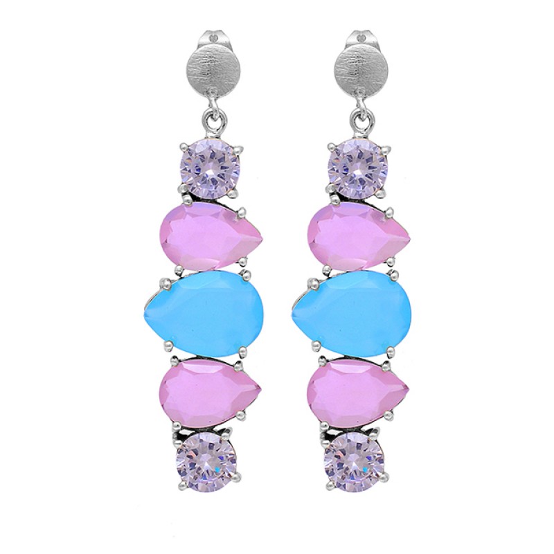 925 Sterling Silver Cubic Zirconia Chalcedony Gemstone Gold Plated Earrings