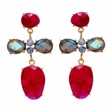 Labradorite Ruby Blue Topaz Gemstone 925 Sterling Silver Gold Plated Earrings